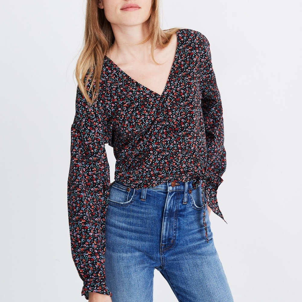 Madewell Black Floral V-Neck Long Sleeve Blouse